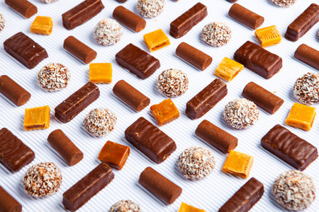Assortment of delicious chocolate candies background. Chocolate candy isolatedの写真素材