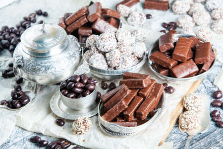 Assortment of delicious chocolate candies background. Chocolate candy isolatedの写真素材