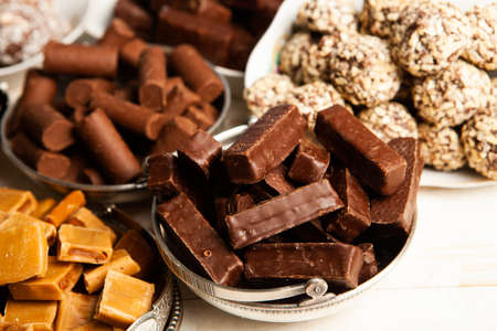 Assortment of delicious chocolate candies background. Chocolate candy isolatedの写真素材