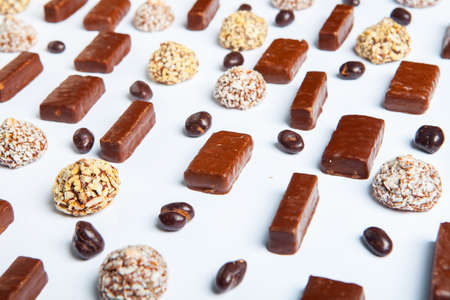 Assortment of delicious chocolate candies background. Chocolate candy isolatedの写真素材