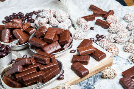Assortment of delicious chocolate candies background. Chocolate candy isolatedの写真素材