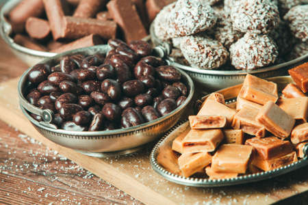 Assortment of delicious chocolate candies background. Chocolate candy isolatedの写真素材