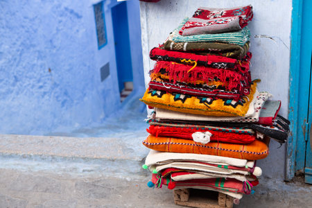 Colorful knitted blankets in Chefchaouen, Morocco.の写真素材