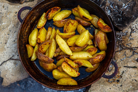Fried potatoes in a pan on a stone background. Top view.の写真素材