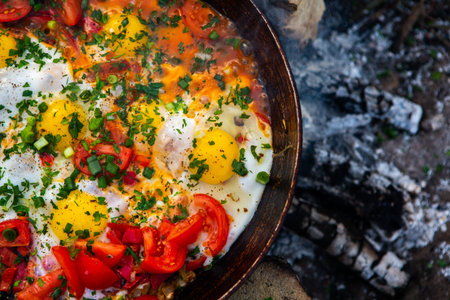 Fried eggs with vegetables in a frying pan on the fire.