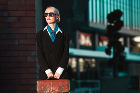 Portrait of a beautiful woman in sunglasses with a suitcase in the cityの写真素材