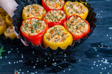 Stuffed peppers with meat, rice and vegetables. Selective focus.の写真素材