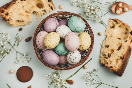 Easter eggs in a basket with chocolate cookies and flowers on a blue background