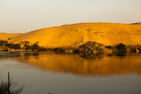 sunset in the desert of morocco africa and the wild riverの写真素材