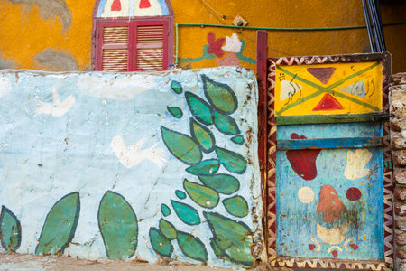 Colorful painted wall of a house in Essaouira, Moroccoの写真素材