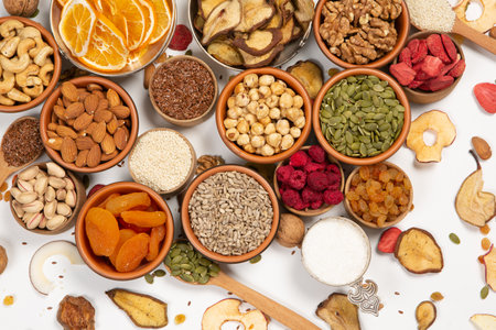Healthy eating concept. Assortment of grains, seeds and nuts on white backgroundの写真素材