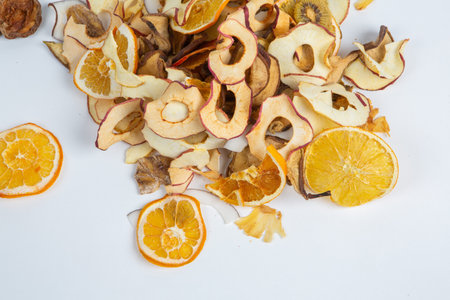 dried fruit on a white background. dried apple, orange, lemonの写真素材