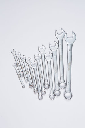 Set of wrenches on a white background. Close-up.