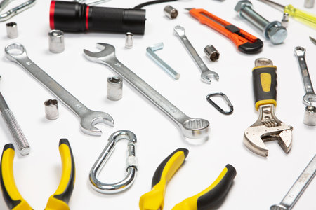 The set of tools for repair on a white background close-upの写真素材