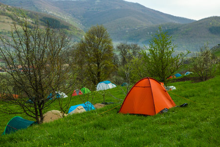 Camping in the Carpathian mountains, Ukraine, Europe.の写真素材