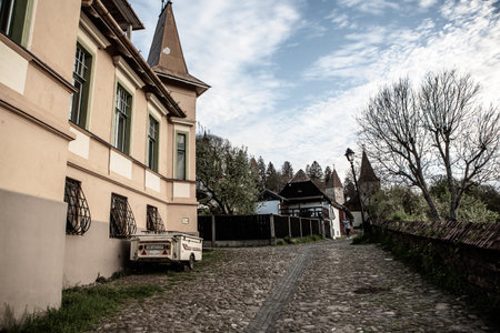 Old houses in the old town of Sighisoara, Romaniaの写真素材