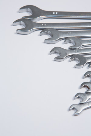 Spanners on a white background. Close-up. Place for text.の写真素材