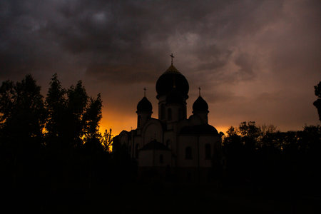 Orthodox church in the city of Novgorod at sunset. Russiaの写真素材