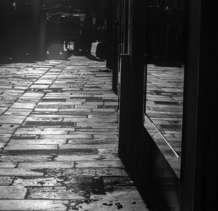 Black and white photo of a street in the old town of Shanghaiの写真素材