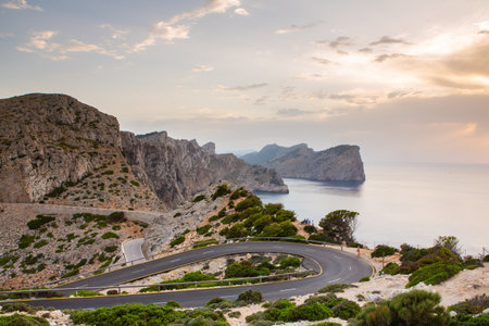 Hiking holidays Mallorca, Spain. Beautiful picture with landscape of Serra de Tramuntana mountains in the island of Majorca in Mediterranean sea. Paradise for bikers.の写真素材