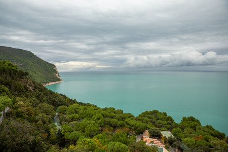 Sirolo is a picturesque town situated along the Adriatic coast in the Marche region of Italy. Known for its stunning beaches, clear blue waters, and charming historic center.の写真素材