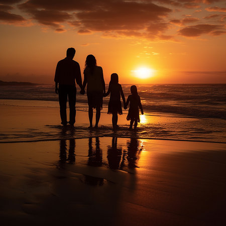 Silhouette of happy family on the beach at beautiful sunset timeの素材