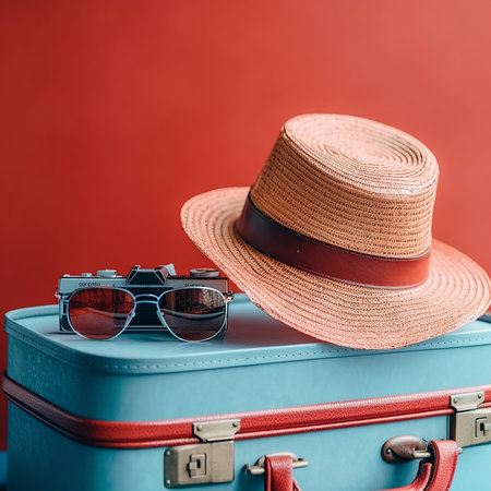 Travel accessories on a red background. Suitcase, sunglasses and hatの素材