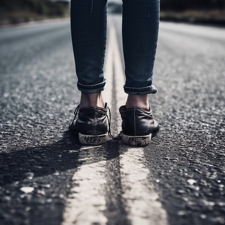 Woman legs in jeans and shoes on the asphalt road. Close upの素材