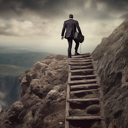 Businessman standing on the edge of a cliff and looking into the distanceの素材