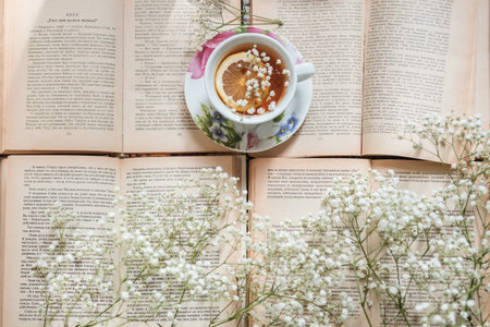 Cup of coffee and book with white gypsophila flowersの写真素材