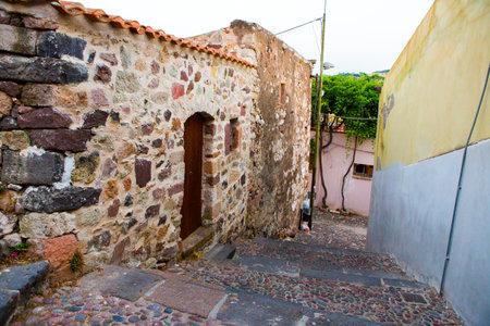 A narrow street among the old houses of Rethymno, Crete, Greece.の写真素材