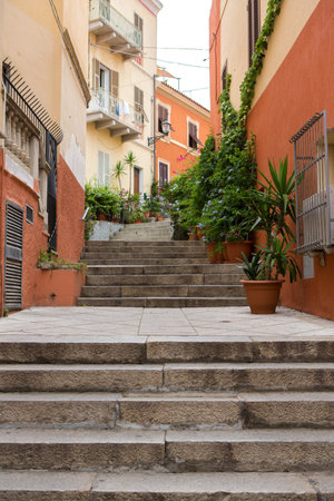 Narrow street in Rovinj, Istria, Croatiaの写真素材