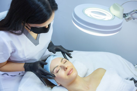 woman in a beauty salon doing facial massage with a special apparatus.の写真素材