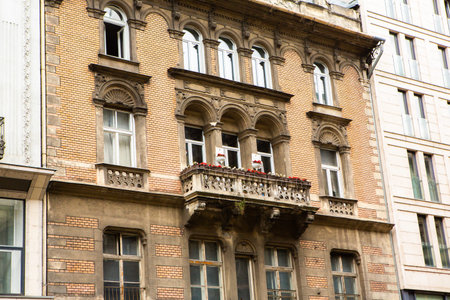 Very beautiful and colorful street in Budapest, the capital of Hungary. Street life in European city.の写真素材