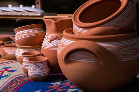 Clay pottery for sale in a market in Marrakesh, Moroccoの写真素材