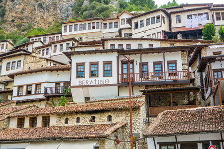 The famous old town of Berat in Albania. Picturesque street with houses from the Ottoman era. Beautiful landscape in central Albania.の写真素材