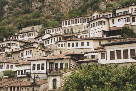 The famous old town of Berat in Albania. Picturesque street with houses from the Ottoman era. Beautiful landscape in central Albania.の写真素材