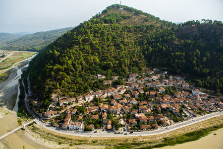 The famous old town of Berat in Albania. Picturesque street with houses from the Ottoman era. Beautiful landscape in central Albania.の写真素材