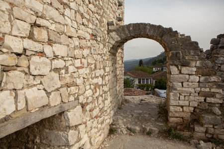 The famous old town of Berat in Albania. Picturesque street with houses from the Ottoman era. Beautiful landscape in central Albania.の写真素材