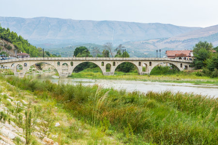 The famous old town of Berat in Albania. Picturesque street with houses from the Ottoman era. Beautiful landscape in central Albania.の写真素材