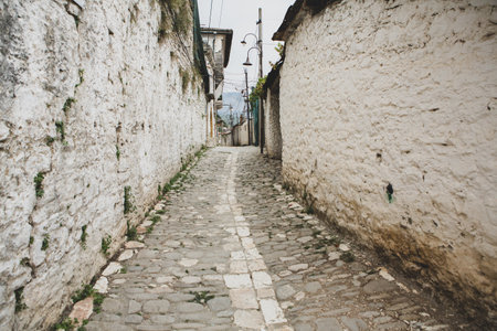 The famous old town of Berat in Albania. Picturesque street with houses from the Ottoman era. Beautiful landscape in central Albania.の写真素材