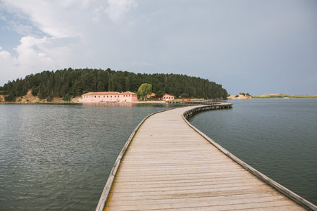 The picturesque Zvernec monastery located on an island in Albania. Beautiful outdoor scene of...