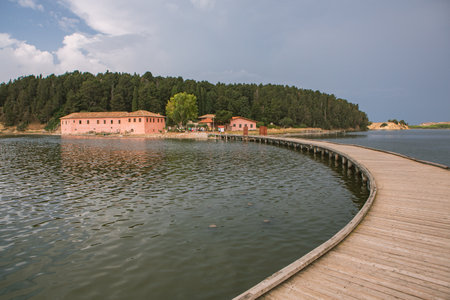 The picturesque Zvernec monastery located on an island in Albania. Beautiful outdoor scene of Albania, Europe. Travelingの写真素材