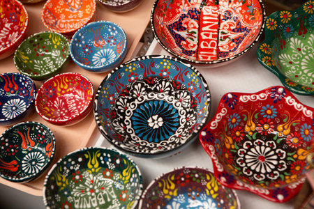 Colorful Turkish ceramics on sale at a flea marketの写真素材
