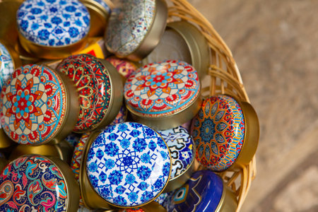 Colorful Turkish ceramics in a basket, close-upの写真素材