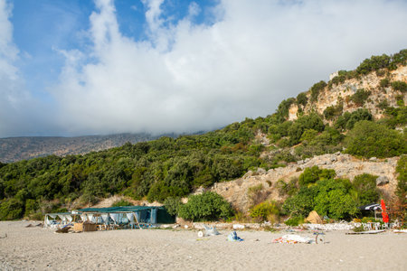 Very beautiful coastline on the Ionian Sea in Albania. The beach with fine sand in the mountains of Albania. Vacation at the sea.の写真素材