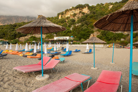Very beautiful coastline on the Ionian Sea in Albania. The beach with fine sand in the mountains of Albania. Vacation at the sea.の写真素材