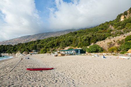 Very beautiful coastline on the Ionian Sea in Albania. The beach with fine sand in the mountains of Albania. Vacation at the sea.の写真素材