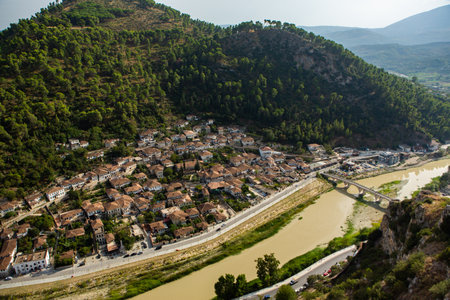 The famous old town of Berat in Albania. Picturesque street with houses from the Ottoman era. Beautiful landscape in central Albania.の写真素材