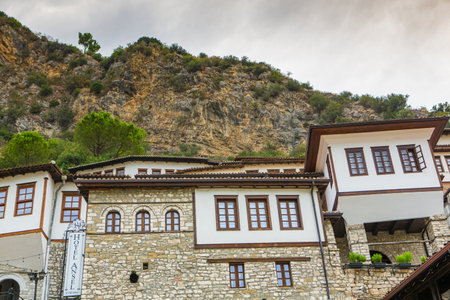 The famous old town of Berat in Albania. Picturesque street with houses from the Ottoman era. Beautiful landscape in central Albania.の写真素材